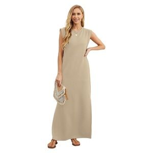 Grecerelle Women Khaki Brown Round Neck Loose Split Wrinkle-Free Long Maxi Dress